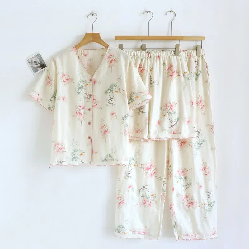 Prestigious Ownkoti Floral Cotton Short Sleeve Pajama Set 3PCS Environmentally Friendly