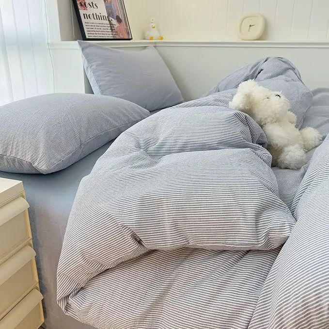 Carefully Designed MKXI Ultra-Breathable Washed Cotton Duvet Cover Set Twin XL 3-Piece Set – Fine Blue amp White Stripes – Textured Comfy Bedding – Coastal Farmhouse Minimalist Style High-End