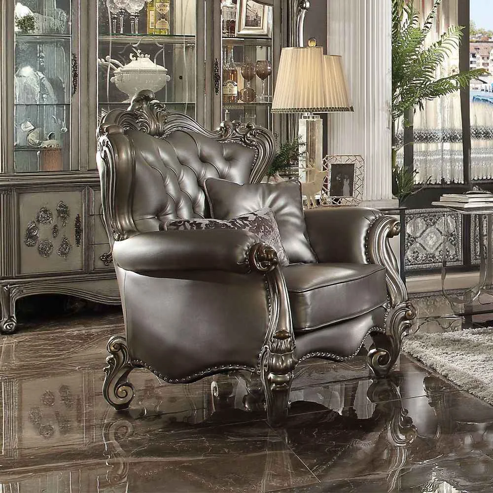 Trendy Versailles – Chair With 2 Pillows – Silver Synthetic Leather amp Antique Platinum Certified