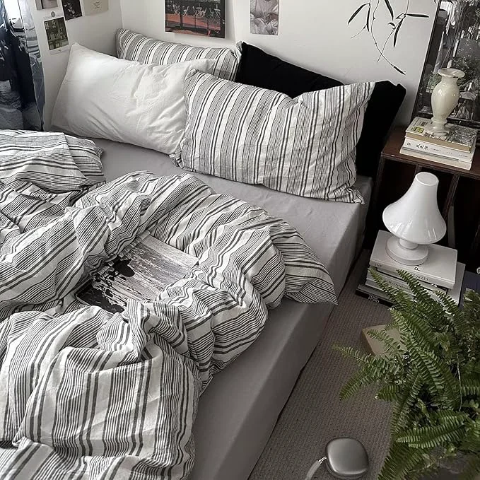 Genuine MKXI King Size Charcoal Grey amp White Striped Duvet Cover Set – 3 Piece Modern Washed Cotton Bedding Soft Breathable Comforter Cover with Zipper Closure amp Corner Ties Minimalist Geometric Design Efficient