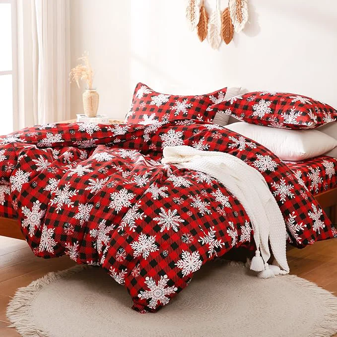 Next-Generation JSD Red Buffalo Plaid Snowflakes Duvet Cover Set Full Size 3 Piece Christmas Winter Printed Microfiber Duvet Comforter Covers Innovative