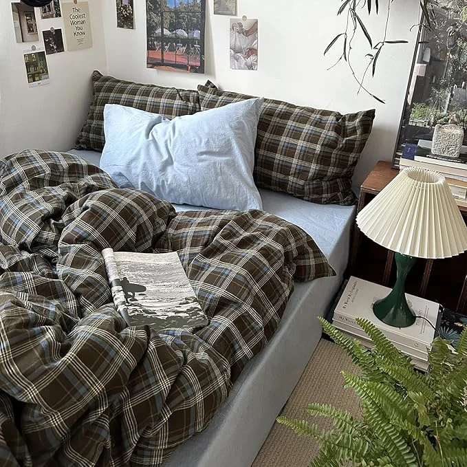 Lightweight MKXI Full Size Blue Brown amp Green Buffalo Plaid Duvet Cover Set – 3 Piece Vintage Aesthetic Bedding Set Washed Cotton Minimalist Design Soft amp Breathable Duvet Cover with Zipper Closure Fashionable