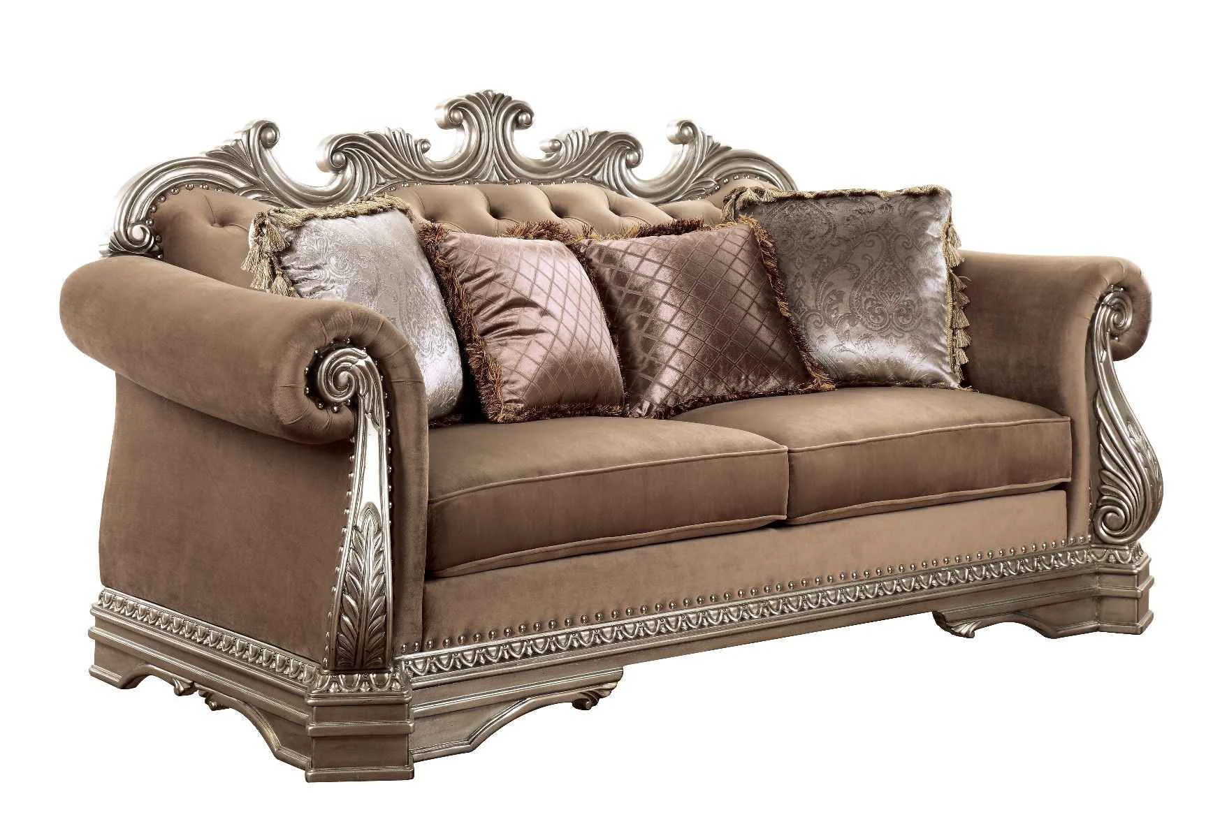 Fine Northville – Loveseat With 4 Pillows – Velvet amp Antique Silver Casual