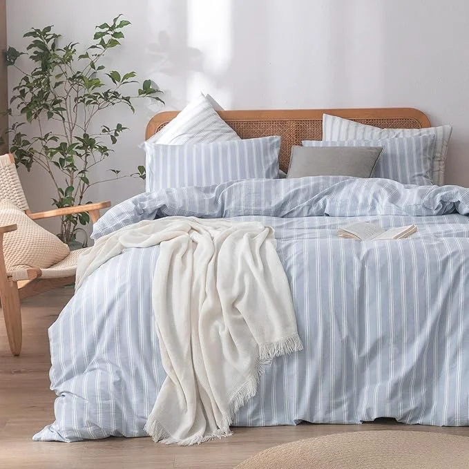 Functional OUCH Duvet Cover Set Washed Cotton Linen Feel Super Soft Comfortable Chic Lightweight 3 PCs Home Bedding Set Cornflower Blue amp White Stripes King Premium