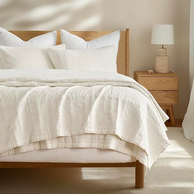 Premium Material EVERGRACEHOME Stonewashed Quilt Set Full Queen Size Ultra Soft Oversized Bedspread Coverlet Set Lightweight Crinkle Box Stitch Bedding Sets for All Season with 2 Shams Ivory White Recyclable