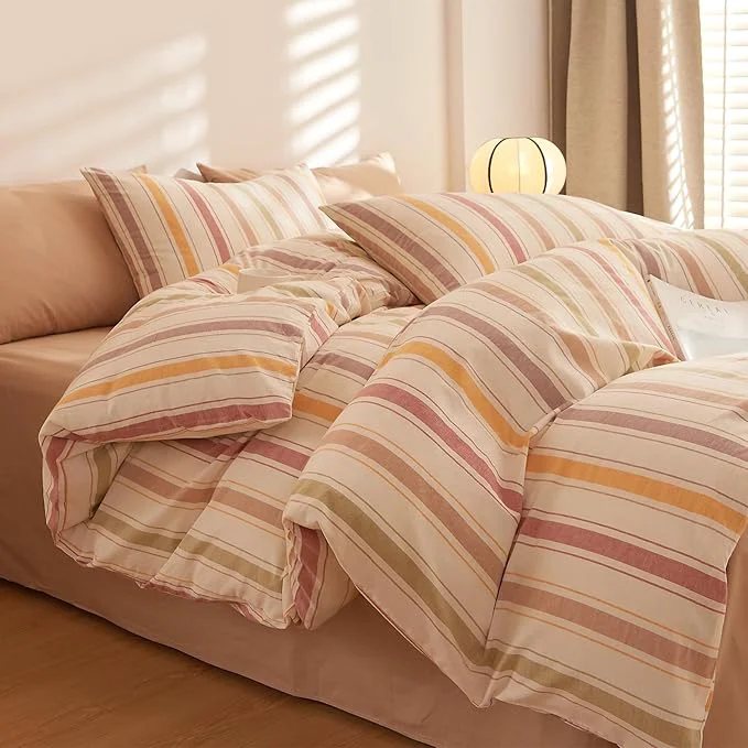 Outstanding MKXI Striped Duvet Cover Set Washed Cotton 3-Piece Colorful Autumn Vibe Bedding Set with Zipper amp Ties Stripes Pattern Comforter Cover for Teens Adults Dorms amp Bedrooms King Size High-Performance
