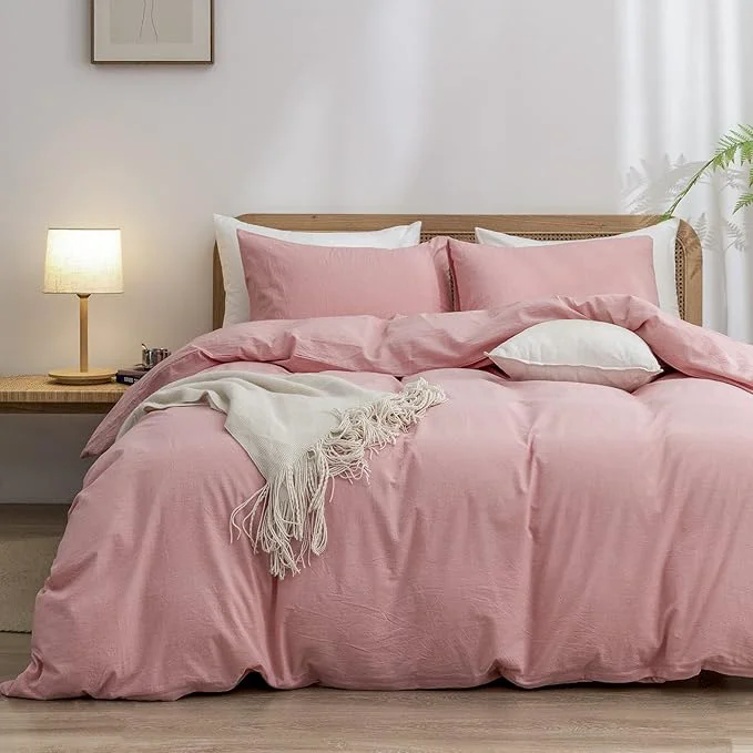 Authentic OUCH Duvet Cover Set Washed Cotton Linen Feel Super Soft Comfortable Chic Lightweight 3 PCs Home Bedding Set Solid Red Pink Queen