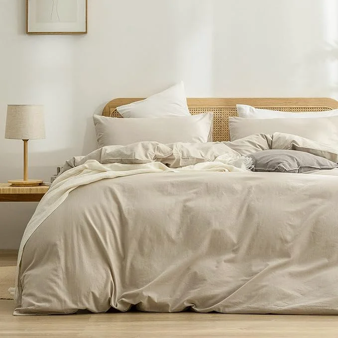 Unique OUCH Duvet Cover Set Washed Cotton Linen Feel Super Soft Comfortable Chic Lightweight 3 PCs Home Bedding Set Solid Almond Milk Grey Full Double Minimalist
