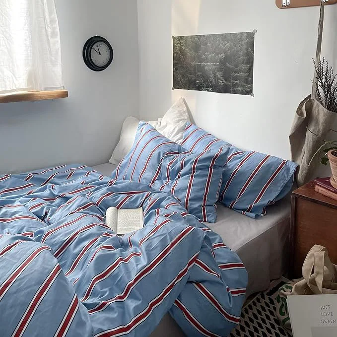 Trusted MKXI Twin Blue amp Red Vertical Stripe Duvet Cover Set 3-Piece – Cotton Textured Bedding with Zipper Closure amp Corner Ties Modern Coastal Vintage Aesthetic Comforter Cover Breathable