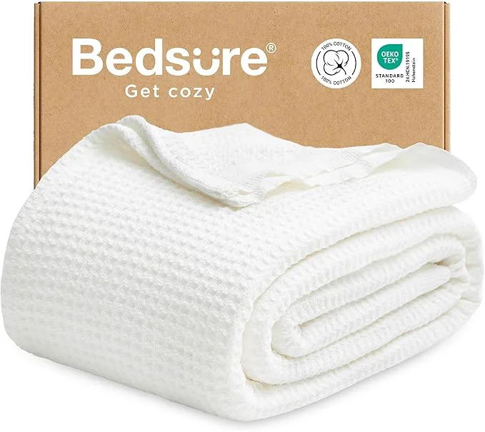 Optimized Bedsure Gentlesoft Cotton Throw Blanket for Couch 50×70 inches – Cooling Breathable and Soft for Spring Summer Waffle Weave Throw Blanket for Office White Authentic