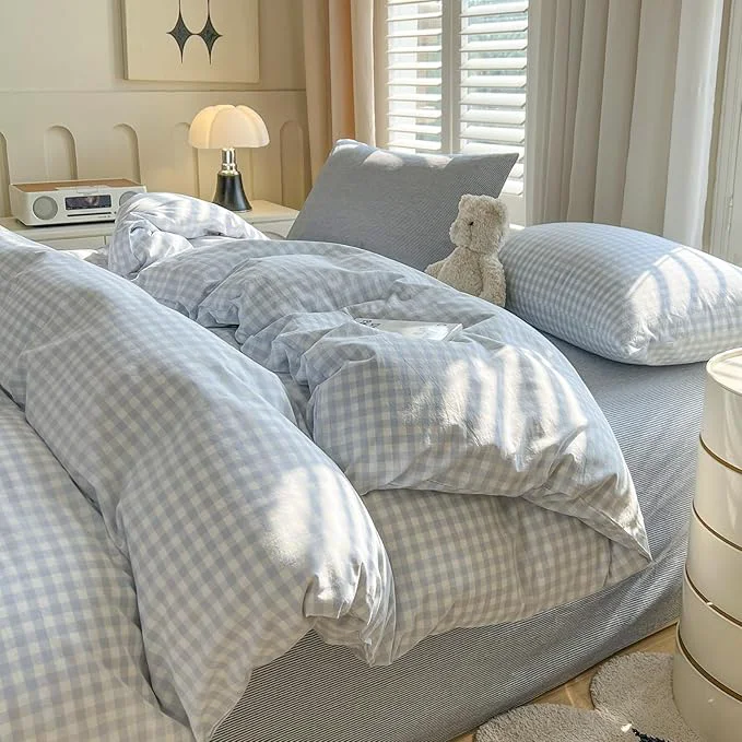 Exceptional VM VOUGEMARKET Blue White Gingham Duvet Cover Set Soft Washed Cotton Bedding Set Minimalist Plaid Bed Set with Pillowcases Cozy Bedroom amp Dorm Decor King Size Elegant