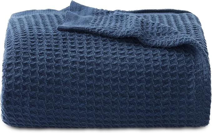 Exceptional Bedsure Gentlesoft Cotton Throw Blanket for Couch 50×70 inches – Cooling Breathable and Soft for Spring Summer Waffle Weave Throw Blanket for Office Navy Elegant
