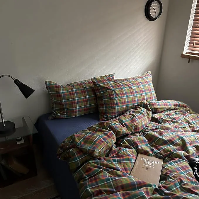 Enhanced MKXI Buffalo Plaid Duvet Cover Set 3 Piece Vintage Bedding in Kelly Green Navy amp Red Washed Cotton Reversible Design with Zipper Closure amp Corner Ties Shabby Chic Aesthetic for Twin XL Smart