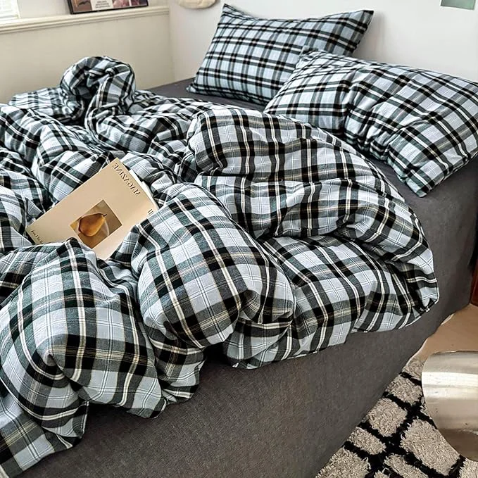 Effective VM VOUGEMARKET Black Grey Plaid Duvet Cover Set King 3 Pieces Washed Cotton Bedding Set Breathable Luxury Grid Duvet Cover with 2 Pillowcases High-Quality