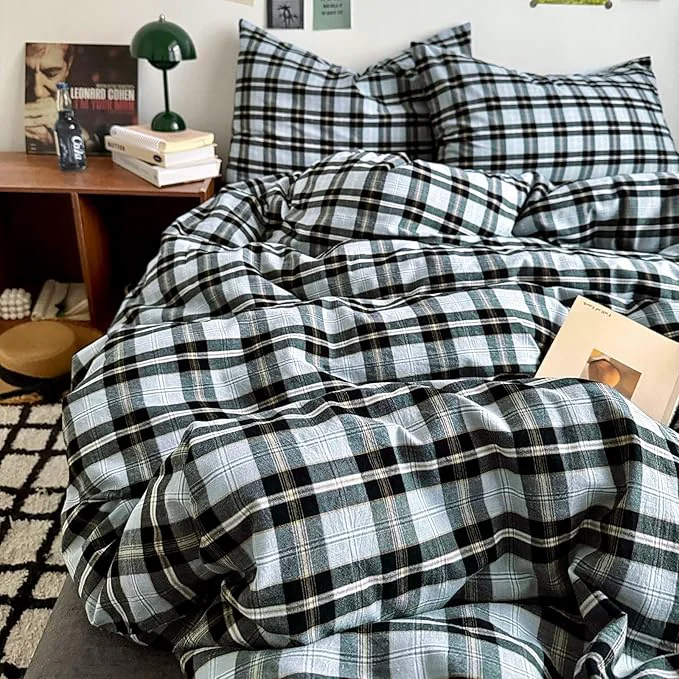 MKXI King Buffalo Plaid Duvet Cover – Washed Cotton Farmhouse Bedding Set Lightweight Breathable Reversible Comforter Cover Gray Black Yellow Checkered Luxury