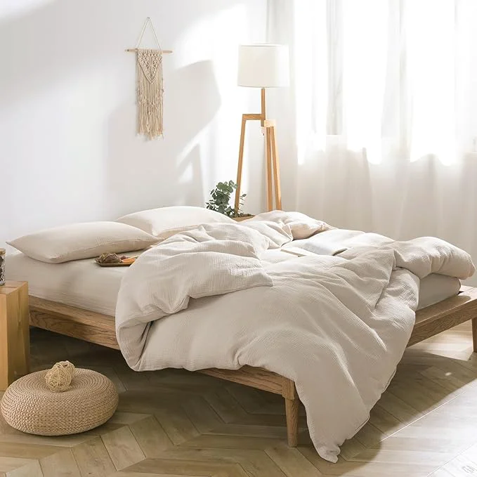 Elegant VM VOUGEMARKET Beige Duvet Cover Queen Size – 3 Pieces Muslin Cotton 3-Layer Guaze Textured Bedding Set Includes 1 Duvet Cover 90×90 Inches with Zipper Closure amp 2 Pillowcases Official