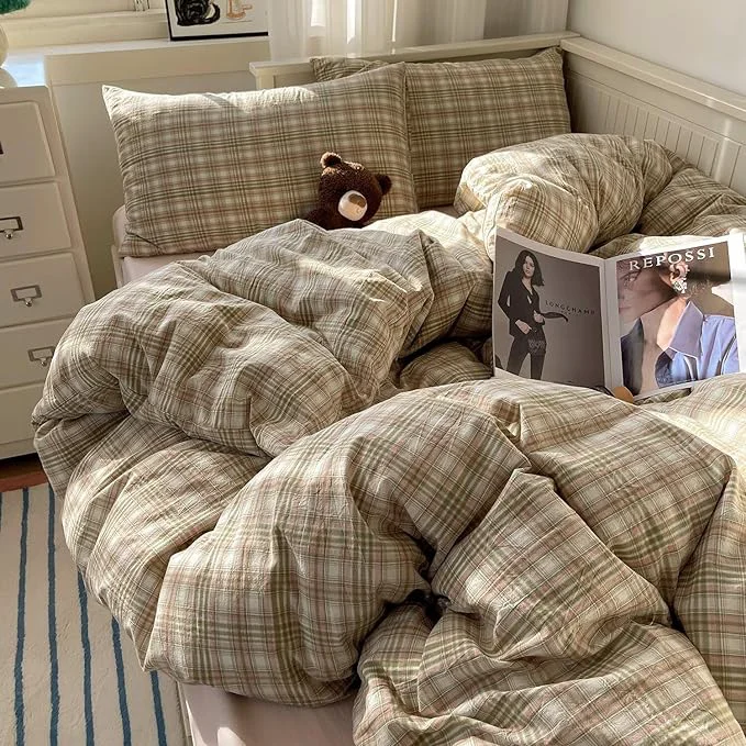 Classic MKXI Pistachio and Pink Plaid Duvet Cover King 3-Piece Vintage Aesthetic Bedding Set Washed Cotton Breathable amp Lightweight Reversible Design with Zipper Closure Carefully Designed