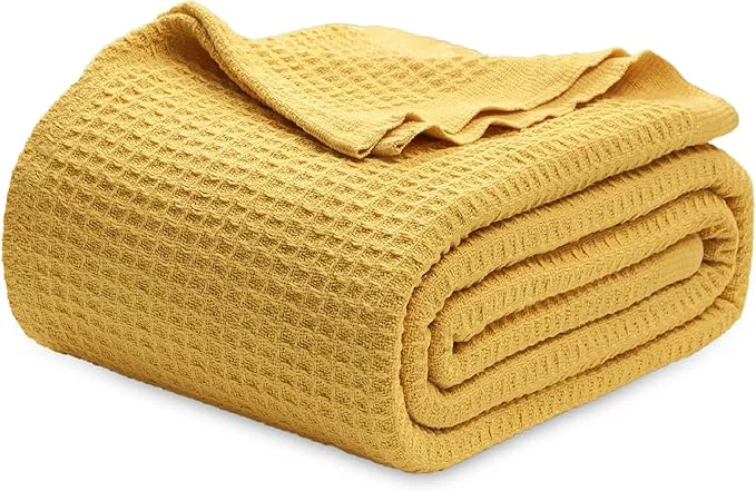Bedsure Gentlesoft Cotton Blanket King Size for Bed – Breathable and Soft for Spring Summer Thick Cozy Waffle Weave Blanket Gifts for Women Mustard Yellow 104×90 inches High-Performance