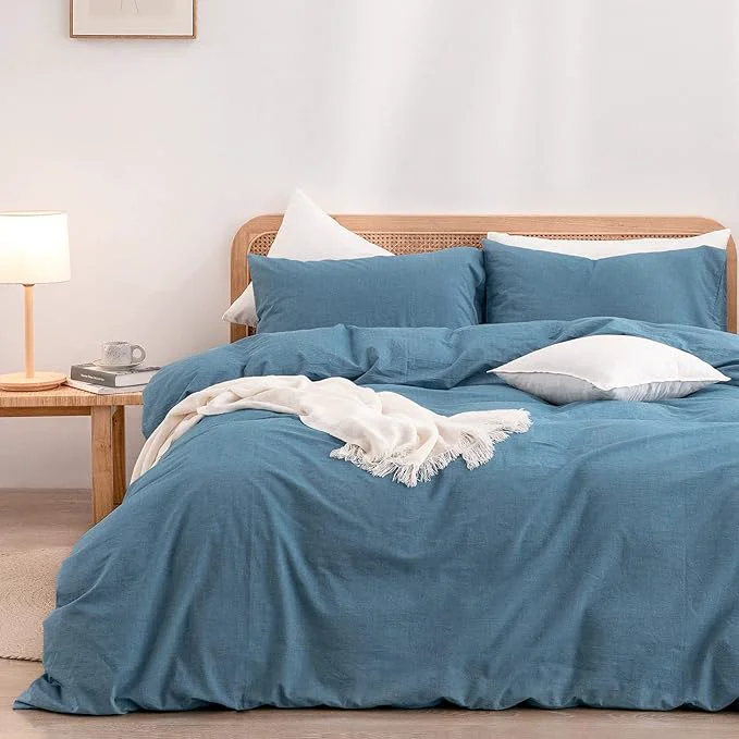 Proven OUCH Duvet Cover Set Washed Cotton Linen Feel Super Soft Comfortable Chic Lightweight 2 PCs Home Bedding Set Solid Dark Blue Twin Twin XL Modern