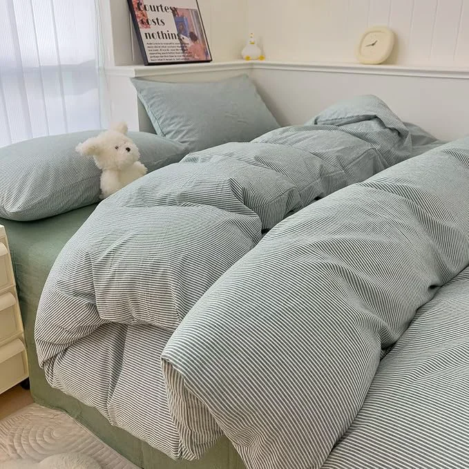 Powerful MKXI Ultra-Fine Stripe Duvet Cover Set Twin XL Washed Cotton Green amp White Textured Bedding 3 Piece Breathable Comfy Farmhouse Style Duvet Cover with Pillow Shams Enhanced