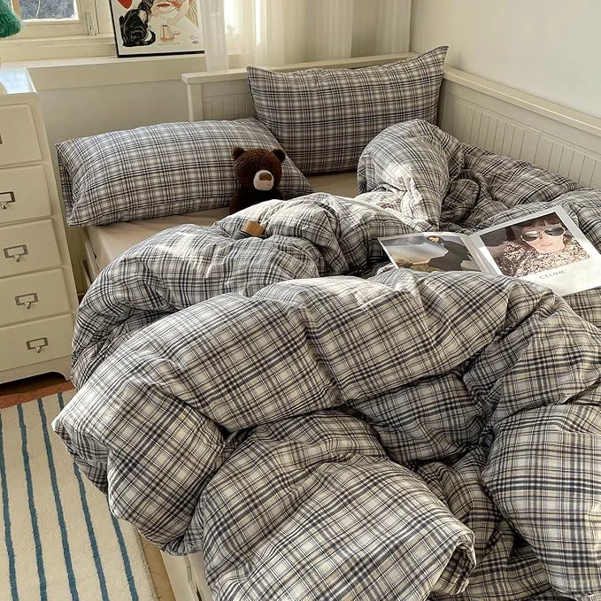 Authentic MKXI King Modern Plaid Duvet Cover Set 3 Piece – Deep Navy Washed Cotton Bedding Modern Farmhouse Check Design Breathable amp Vintage Linen Like Bedding Set with Zipper Closure Premium Material