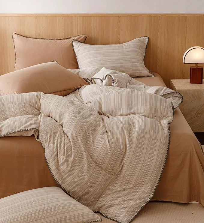 First-Class VM VOUGEMARKET Linen Cotton Duvet Cover Set Queen 3pcs Yarn Dyed Vertical Pinstripe Ticking Pattern Breathable Farmhouse Bedding Set – Purple Yellow Stripe Queen Size Consistent