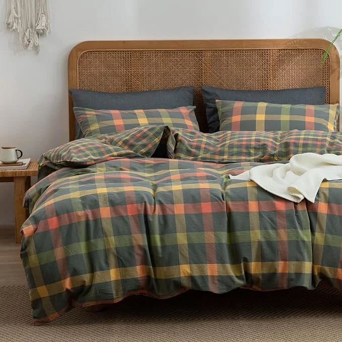 Reliable VM VOUGEMARKET Plaid Duvet Cover Set Queen Washed Cotton Reversible Bedding Multicolor Buffalo Grid Duvet Cover with 2 Pillowcases for Men Women Orange Grey Green Queen Authentic