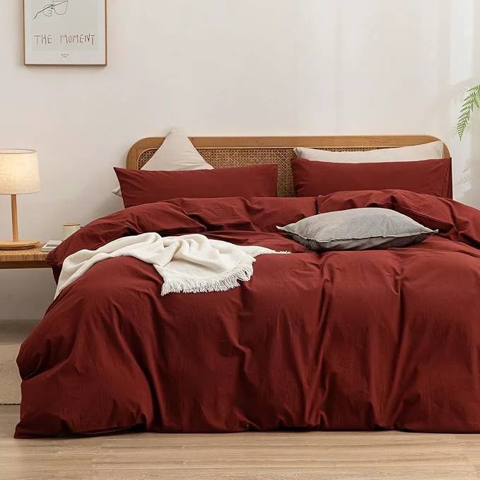 Convenient OUCH Duvet Cover Set Washed Cotton Linen Feel Super Soft Comfortable Chic Lightweight 2 PCs Home Bedding Set Solid Fired Brick Red Twin Twin XL Organic