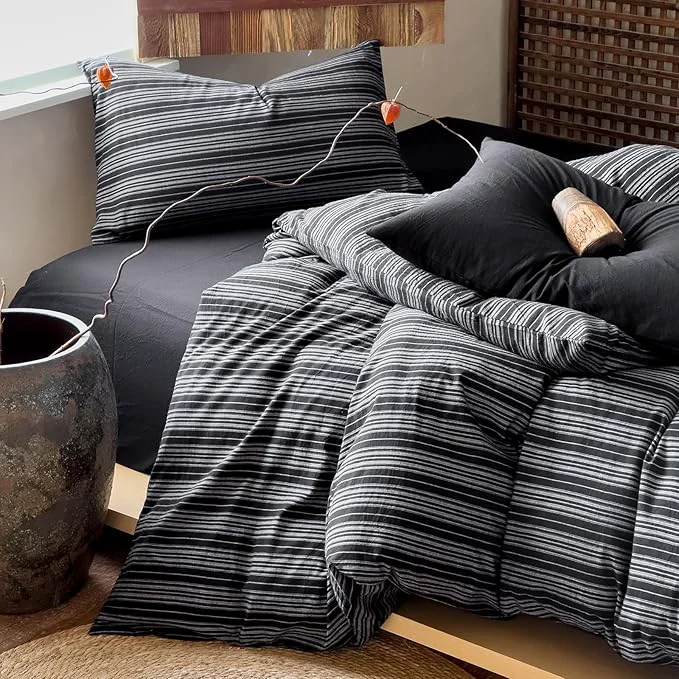 Secure VM VOUGEMARKET Black White Striped Duvet Cover King Japanese Style Washed Cotton Duvet Cover with 2 Pillowcases Breathable Comforter Cover for Cozy Minimalist Bedrooms Responsible