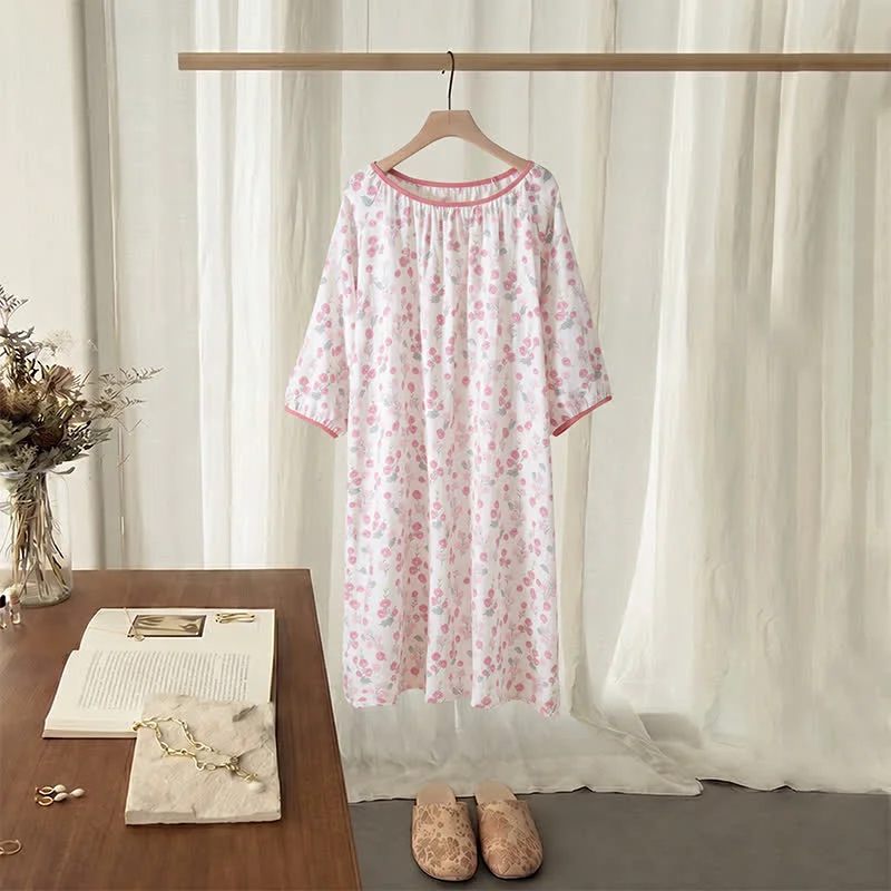 Convenient Ownkoti Pastoral Pink Floral Cotton Sleep Dress Healthy