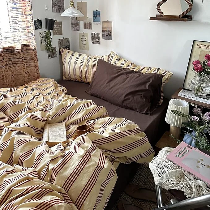 High-End MKXI Cal King Reddish-Brown amp Yellow Striped Duvet Cover Set – 3 Piece Vintage Aesthetic Bedding Set Cotton Minimalist Design Soft amp Breathable Duvet Cover with Zipper Ties Long-Lasting
