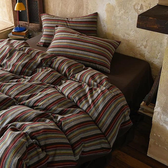 Sustainable VM VOUGEMARKET Vintage Striped Double Layer Gauze Duvet Cover Set Queen Boho Multicolor Stripes Bedding Set Soft Breathable Muslin Cotton Comforter Cover for Cottagecore Cozy Cabin Bedroom Decor Traditional