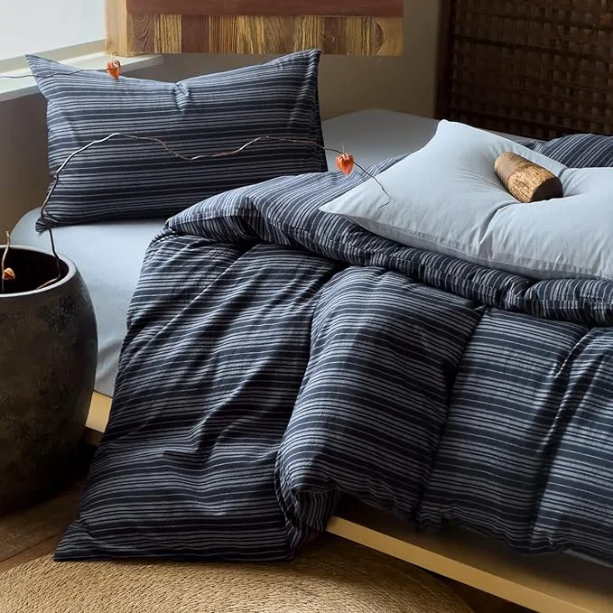 Efficient VM VOUGEMARKET Navy Blue Striped Duvet Cover King Japanese Style Washed Cotton Duvet Cover with 2 Pillowcases Breathable Comforter Cover for Cozy Minimalist Bedrooms Recyclable