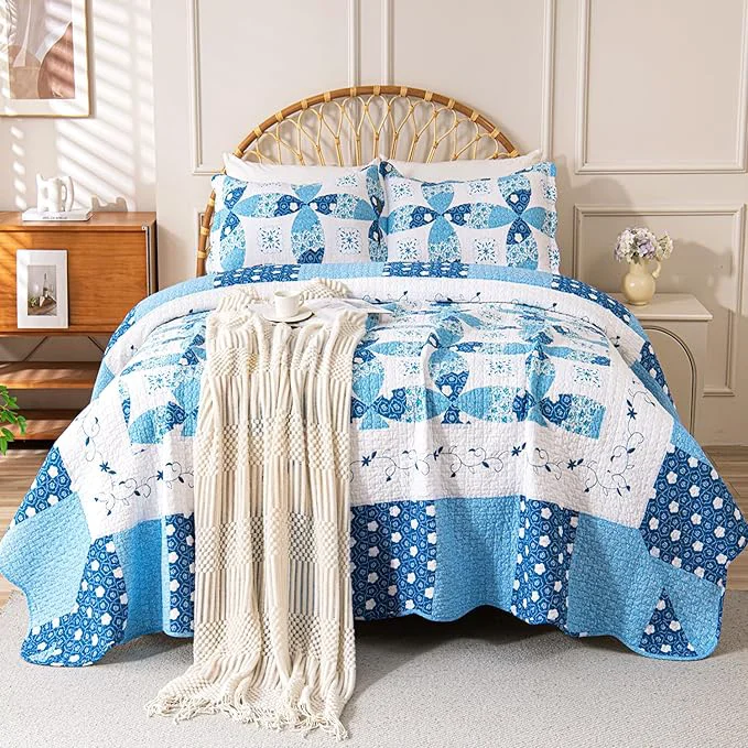 Verified Cmfshape Blue Quilt Sets Bedspread Set Cotton Patchwork Coin Pattern Bedding Set All Season Use Lightweight Reversible Coverlet Quilts with 2 Pillow Shams King 106 quot x96 quot Pure