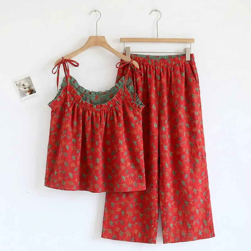Soft Ownkoti Ginkgo Biloba Leaf Cami Pajama Set Solid