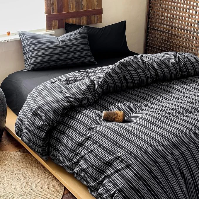 Crafted Striped Twin XL Duvet Cover Black Washed Cotton Twin XL Comforter Cover Grey Vertical Stripe Farmhouse Zipper Duvet Cover Set with Ties Soft Boho Bedding Set Minimalist Duvet Protector Relaxed