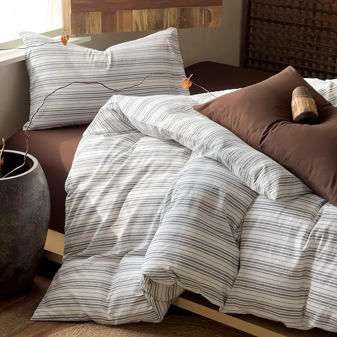 Traditional VM VOUGEMARKET Striped Duvet Cover Set Washed Cotton Textured Minimalist Bedding Set Ticking Pinstripe Farmhouse 3 Pieces White Black Stripes Queen Size Unique