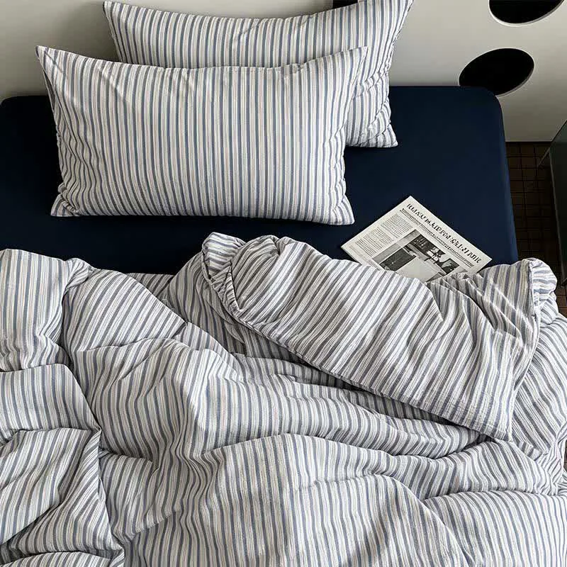 Long-Lasting Ownkoti Washed Cotton French Blue Stripe Bedding Set Verified
