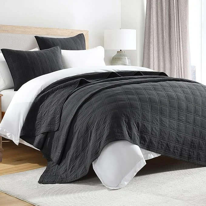 Advanced HORIMOTE HOME Cotton Quilt Set Queen Size Charcoal Pre-Washed Bedspreads Coverlet Set in Geometric Pattern Cozy Lightweight Stitching Decorative Bedding Cover with 2 Shams for All Season Eco-Friendly