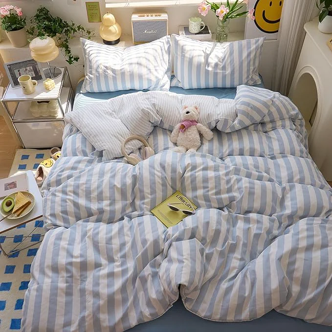 Fine Blue Striped King Duvet Cover Boho Soft King Size Comforter Cover Reversible Farmhouse Cute College Duvet Cover Set with Hidden Zipper Dorm Bedding for Boys Washed Microfiber Duvet Protector Minimalist