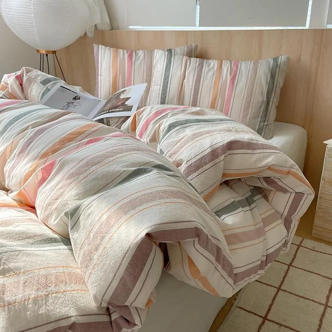 Fine VM VOUGEMARKET Striped Duvet Cover Set Queen Washed Cotton Bedding Multicolor Stripes Duvet Cover with 2 Pillowcases for Girls Women Orange Pink Green Coffee Efficient
