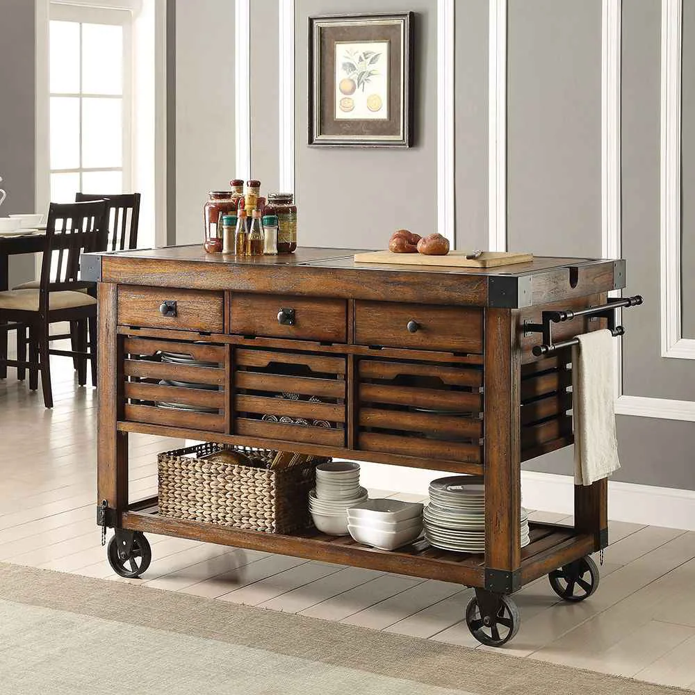 Breathable Kaif – Kitchen Cart – Distressed Chestnut Detailed