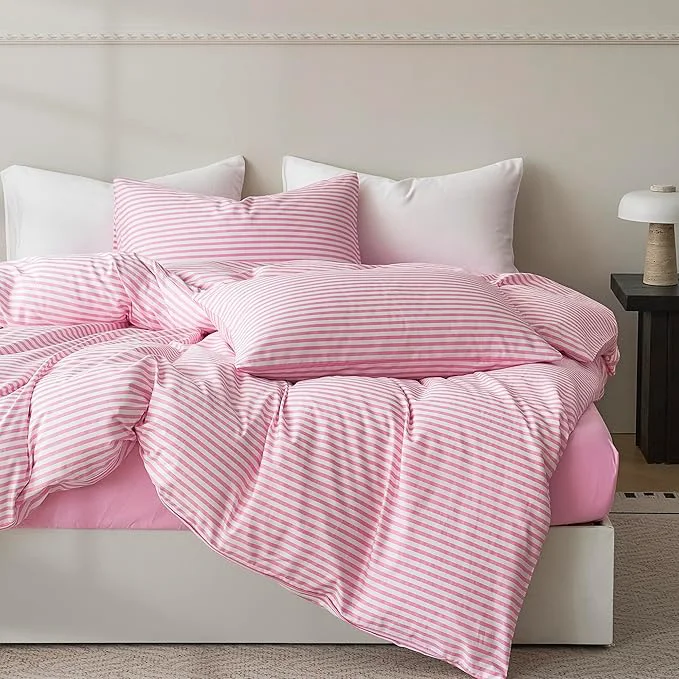 Easy-to-Use JELLYMONI King Duvet Cover Set Cotton Duvet Cover 2 Pieces with Zipper Closure 1 Duvet Cover and 2 Pillowcases Pink with White Striped Premium Material