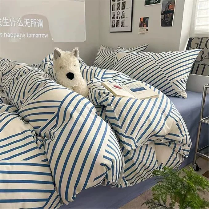 Selected VM VOUGEMARKET Blue Striped Bedding Set King Instagram Style Geometric Duvet Cover with Zipper Ties Cotton Modern Fashion Bedding Set for Men Women-104×90 Inch Verified