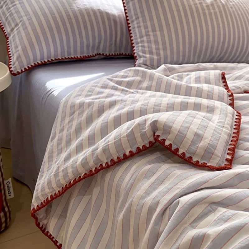 Traditional Ownkoti Blue Stripe Knitted Cotton Bedding Set Exceptional