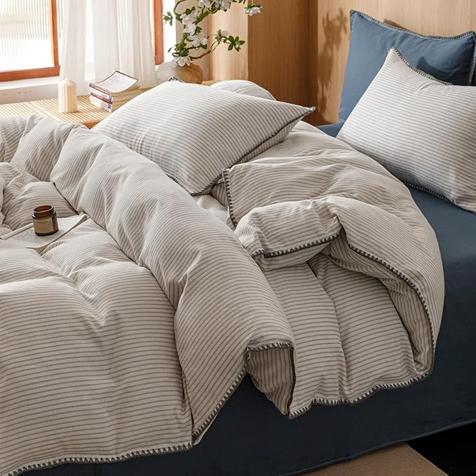 Fine Crafted VM VOUGEMARKET Beige Grey Duvet Cover Set with Blue Stripes 3pcs Yarn Dyed Muslin Cotton Vertical Striped Ticking Pattern Bedding Set Without Comforter – Queen Size Trusted