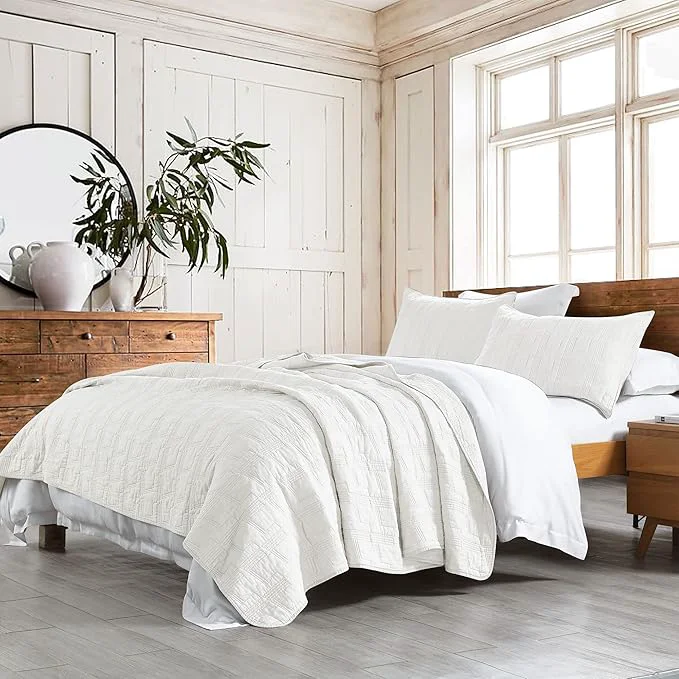 Sustainable HORIMOTE HOME Cotton Quilt Set Queen Size White Pre-Washed 3-Piece Bedspread Coverlet Set Cozy Lightweight Stitching Bedding Cover with 2 Shams in Geometric Pattern for All Season Traditional
