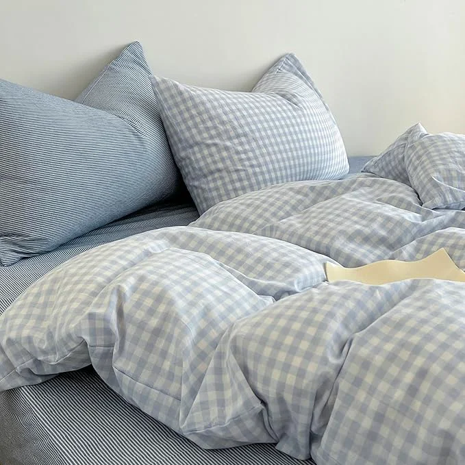 Advanced Blue Gingham King Duvet Cover Washed Cotton Boho King Comforter Cover Cute Soft Plaid Chic Duvet Cover Set with Hidden Zipper Coquette Farmhouse Bedding Set Aesthetic Duvet Protector Luxury