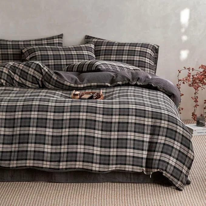 Top-Quality VM VOUGEMARKET Grey Gingham Duvet Cover King Size Soft Double Layer Cotton Bedding Set with Jacquard Plaid Check Pattern Breathable Reversible Duvet Cover with Zipper Closure Specialty