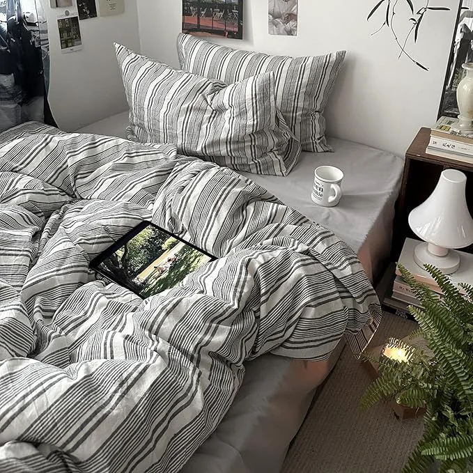 Exceptional VM VOUGEMARKET Striped Duvet Cover Set Queen Washed Cotton Bedding Set 3 Piece Pinstriped Comforter Quilt Cover with Zipper Closure Corner Ties Modern Cozy for Boys Men White amp Grey Pure